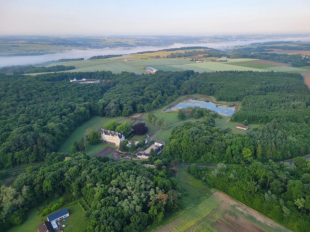 The Château de La Ménaudière seen from a hot air balloon