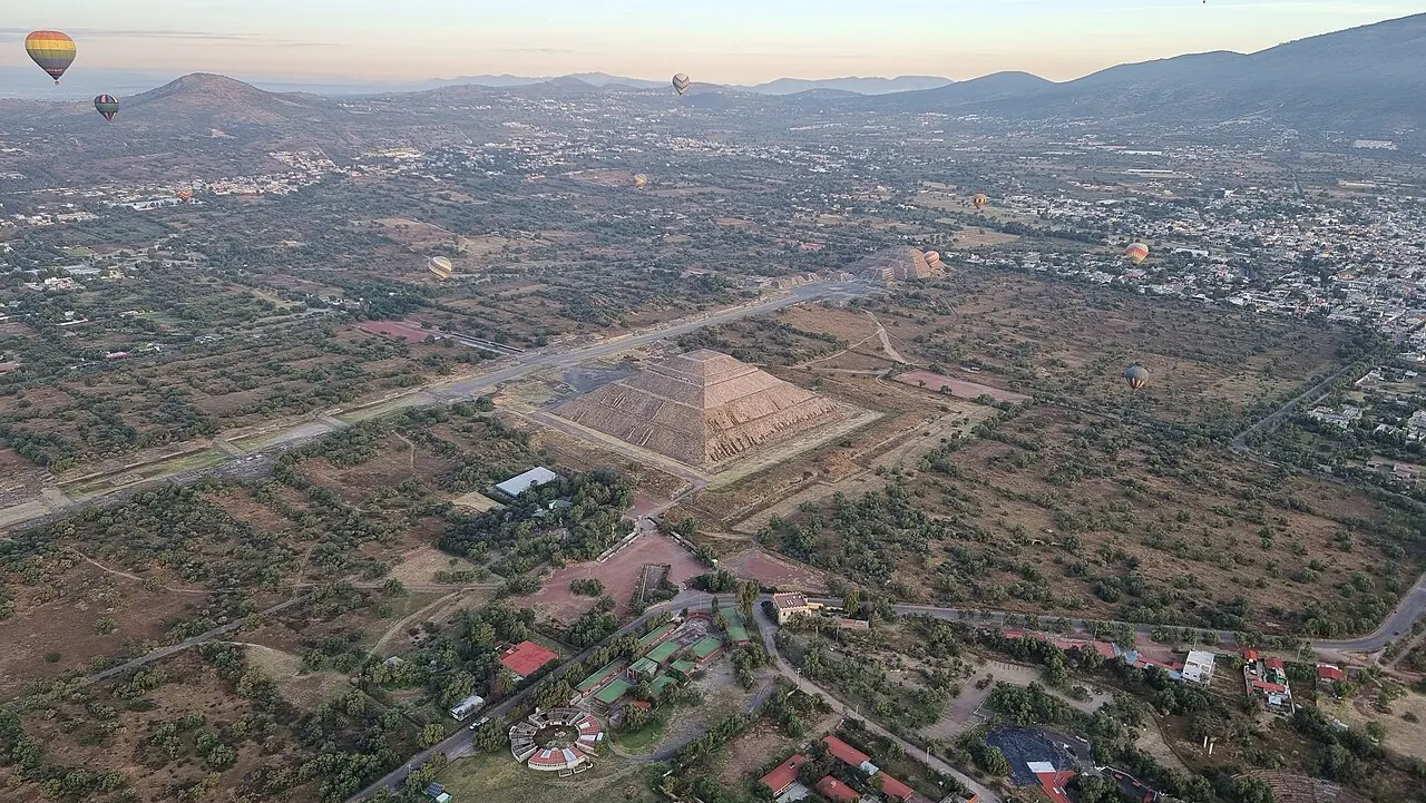 The Pyramid of the Sun and the Avenue of the Dead at Teotihuacan seen from a balloon